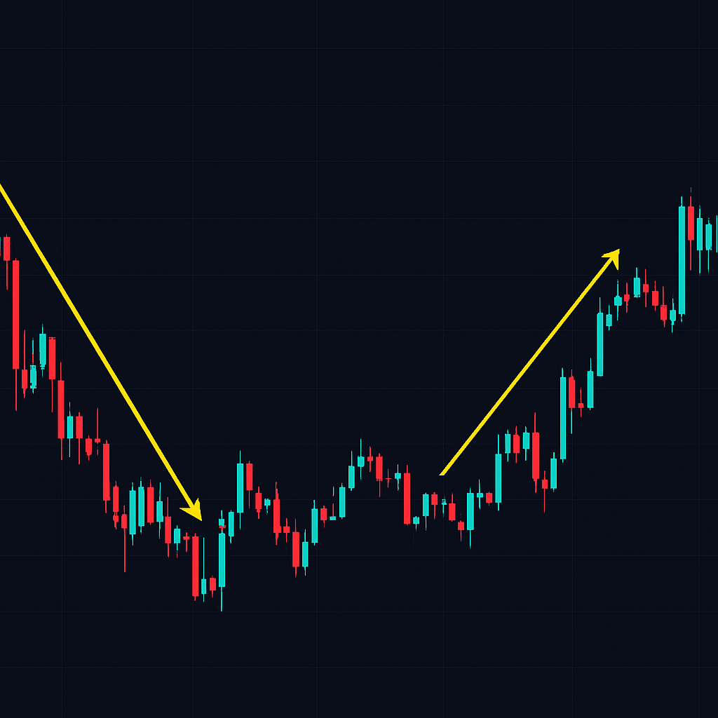 Candlestick chart showing market trend reversal.