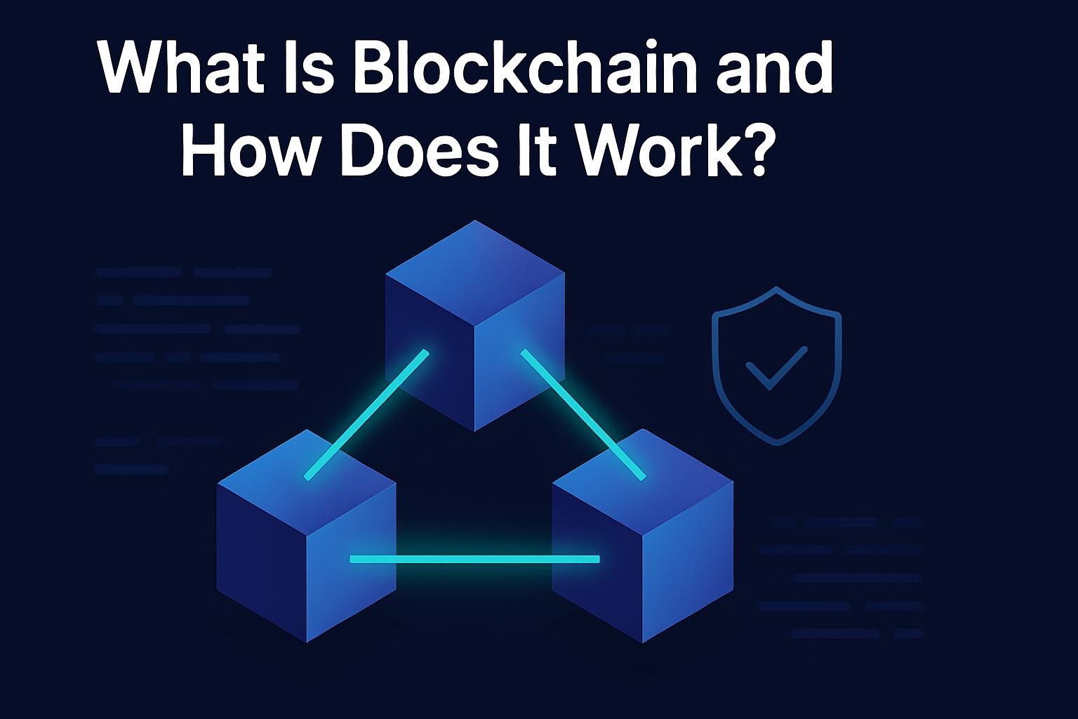 Blockchain concept with connected blue cubes diagram.