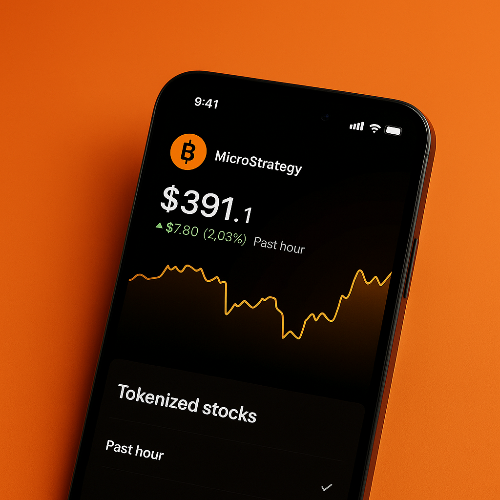 Smartphone displaying Bitcoin price chart, orange background.