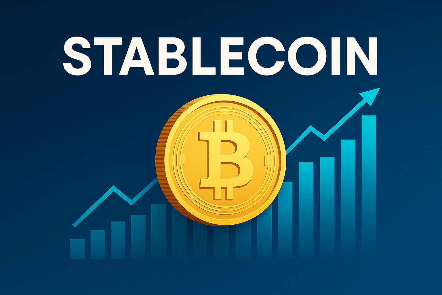 Digital illustration with the word "STABLECOIN" in bold letters, representing the forecasted growth of the stablecoin market to $500 billion by 2028.
