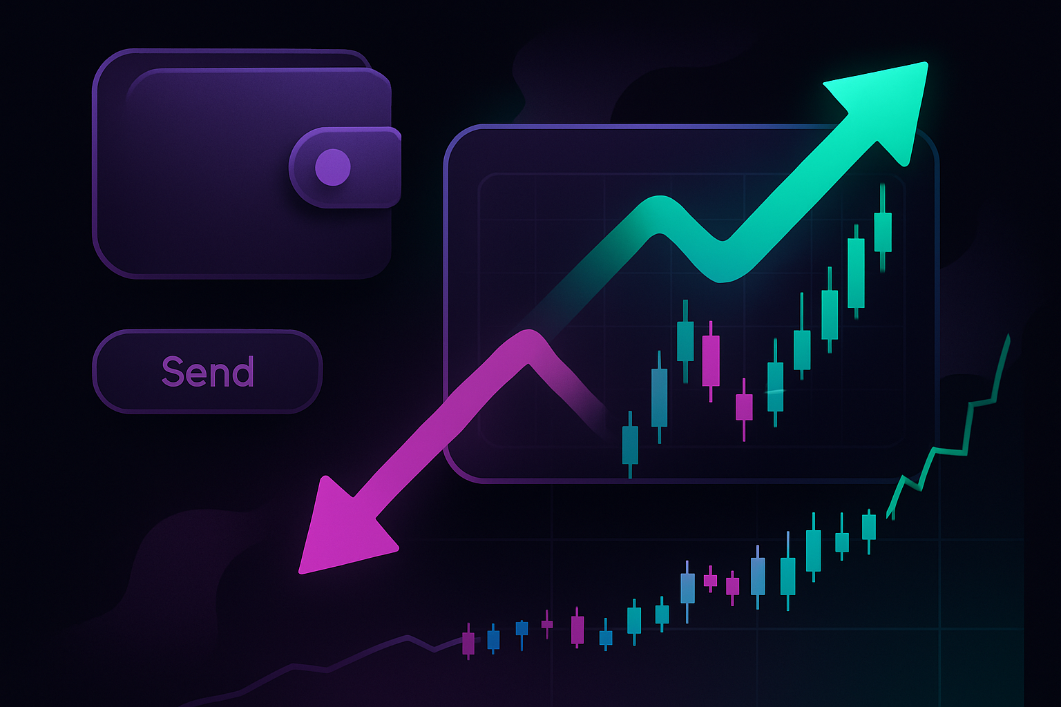 Digital wallet and rising stock chart illustration.
