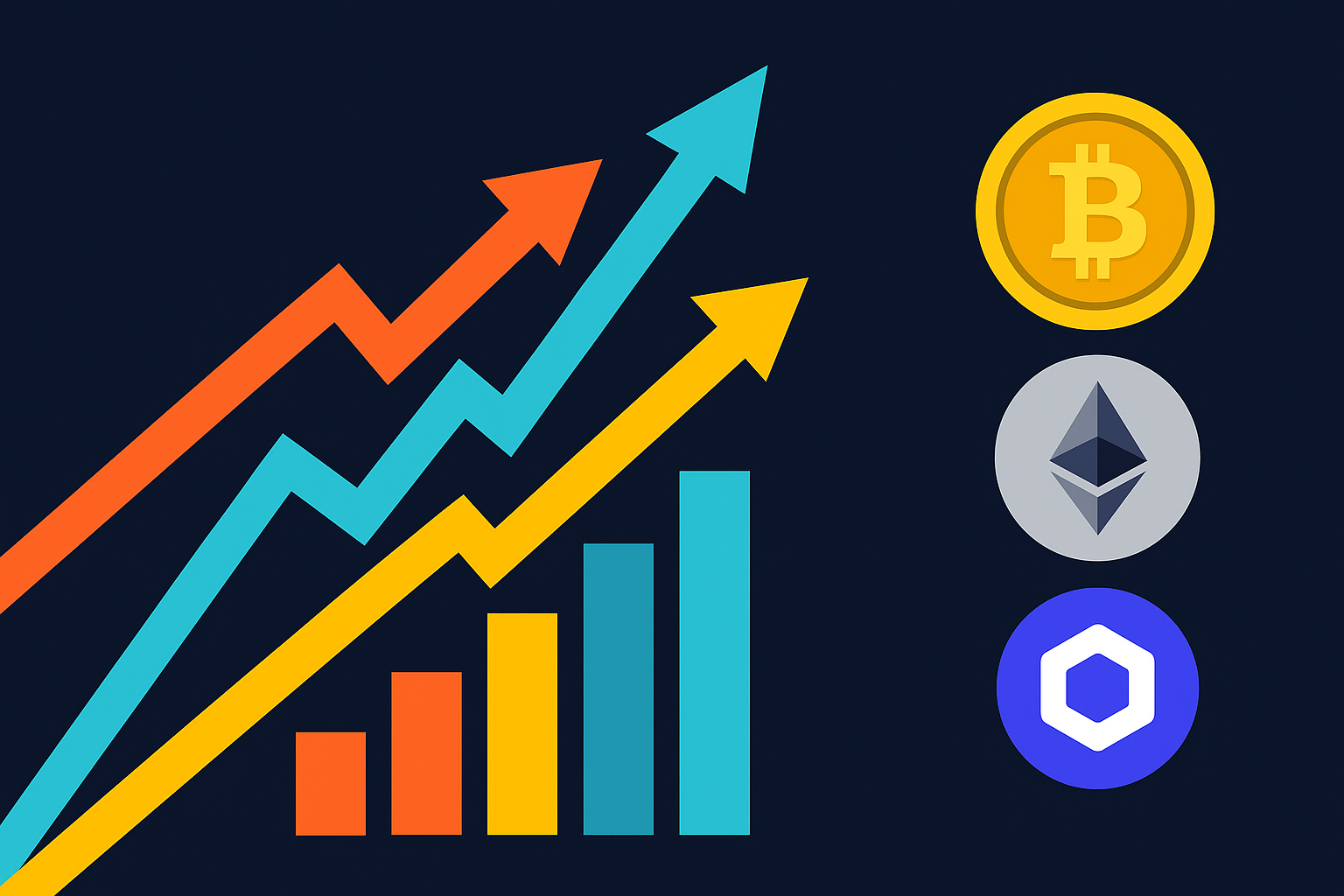 Cryptocurrency growth chart with Bitcoin, Ethereum, Chainlink.