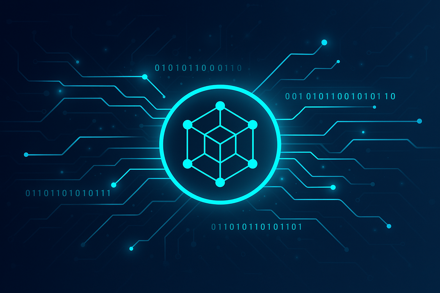 Digital blockchain concept with binary code and connections.