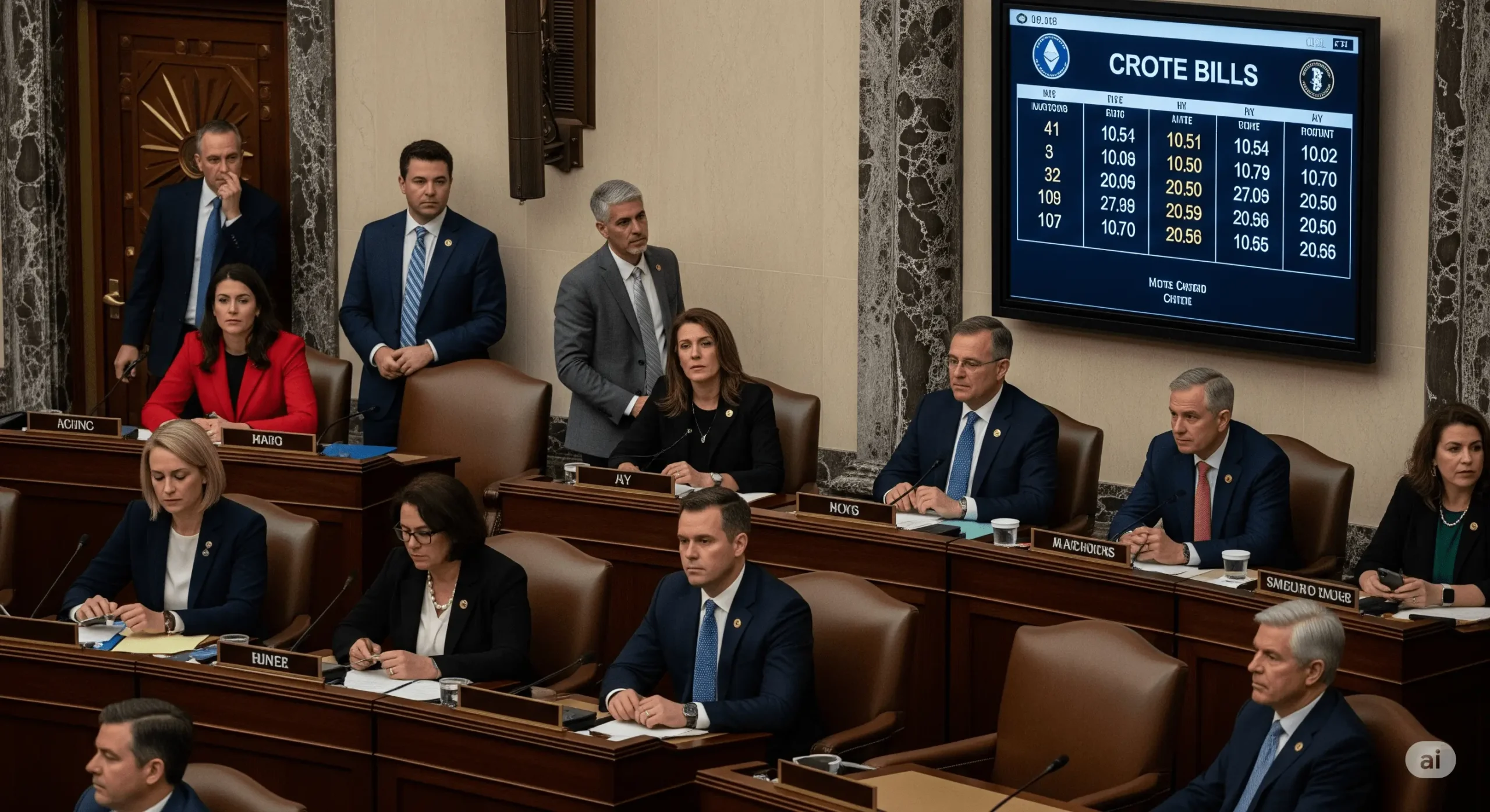 Politicians sitting and discussing in legislative session.